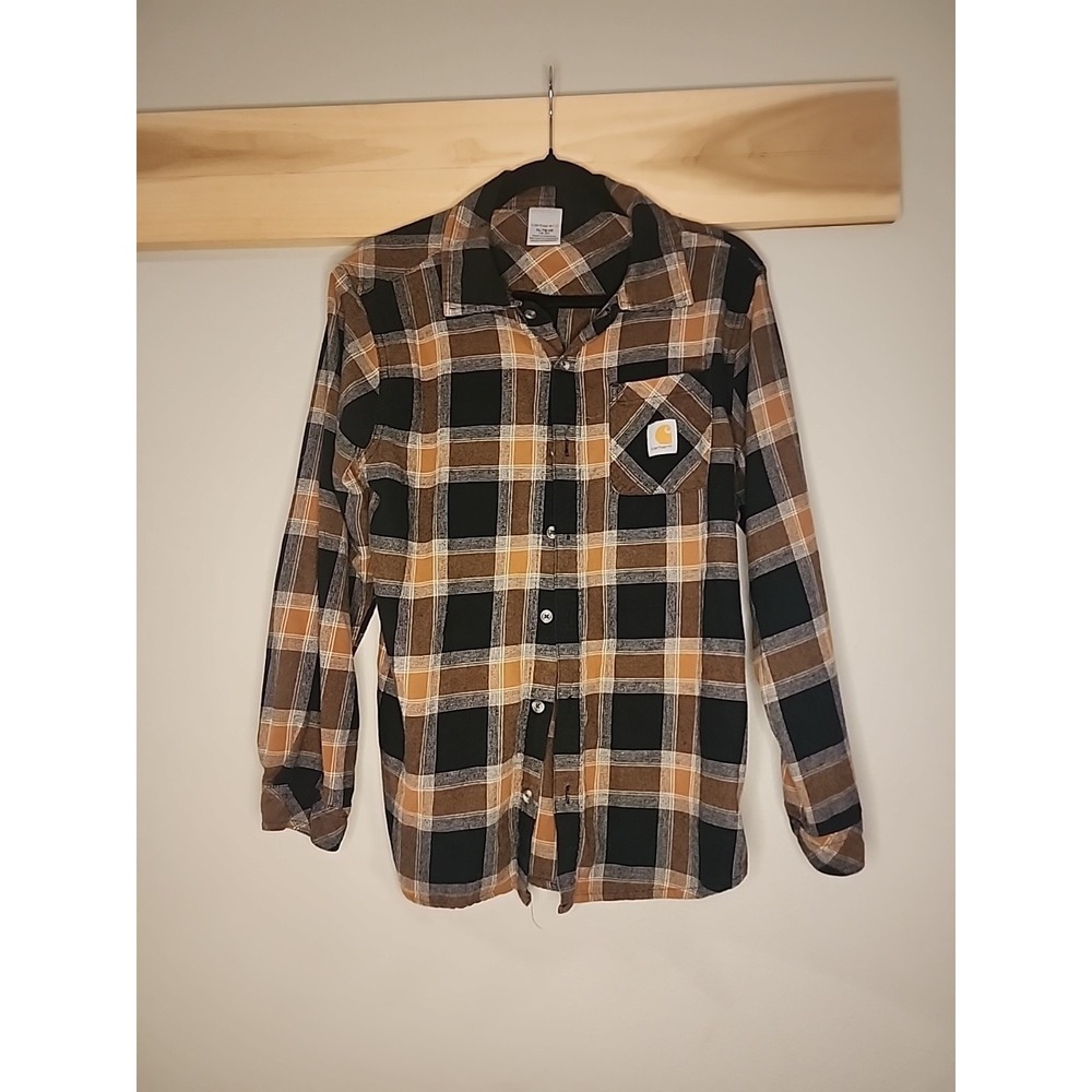 Kids Boys Carhartt Shirt Plaid Long Sleeve Button Up XL Yellow Black